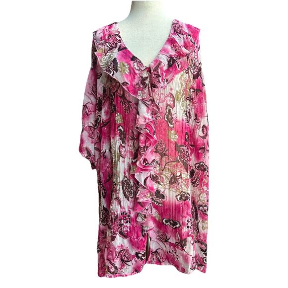 Maggie Barnes 4X Sheer Floral Ruffle Tunic Top Pleated Womens Artsy Boho Flowy - Picture 1 of 8